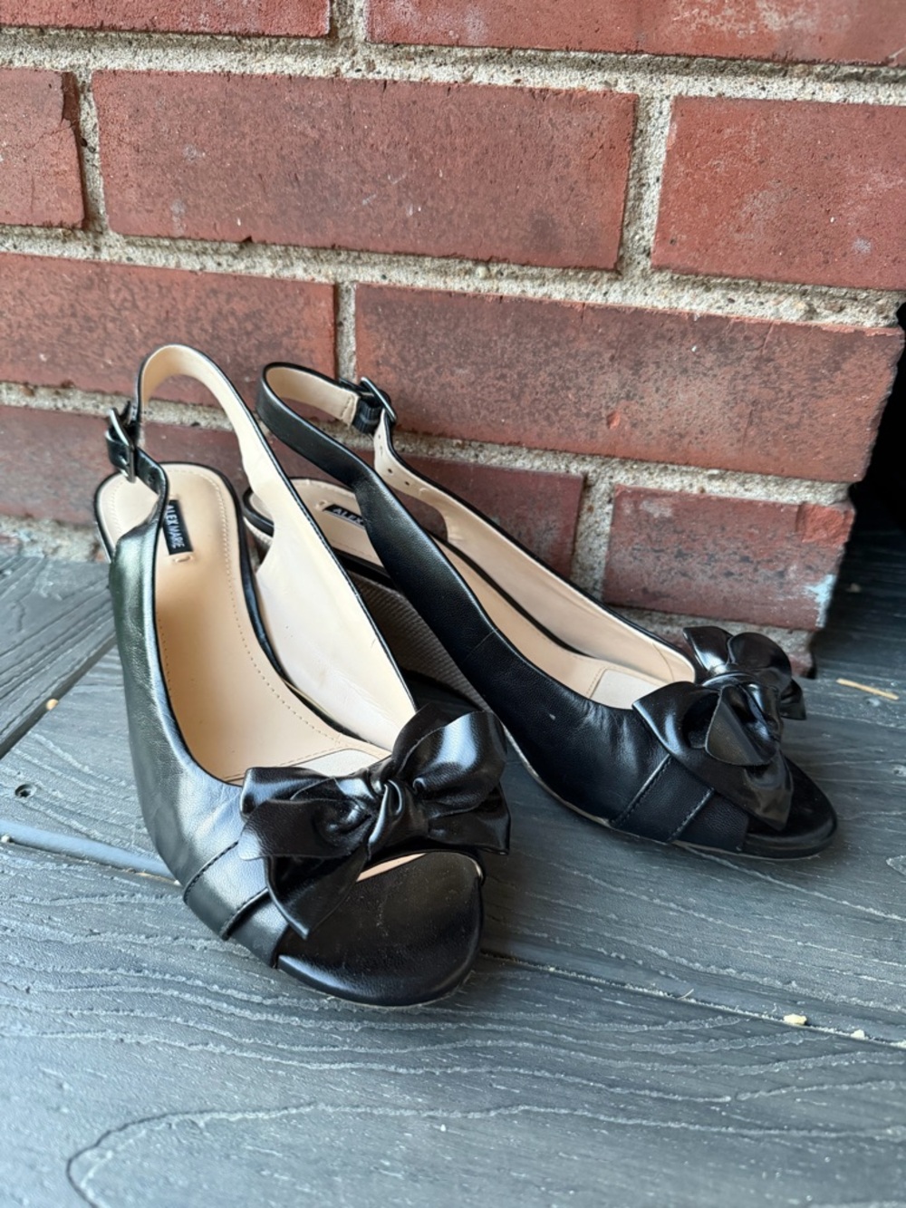 Alex Marie Black Leather Bow Peep Toe Slingback Heels - Size 10M